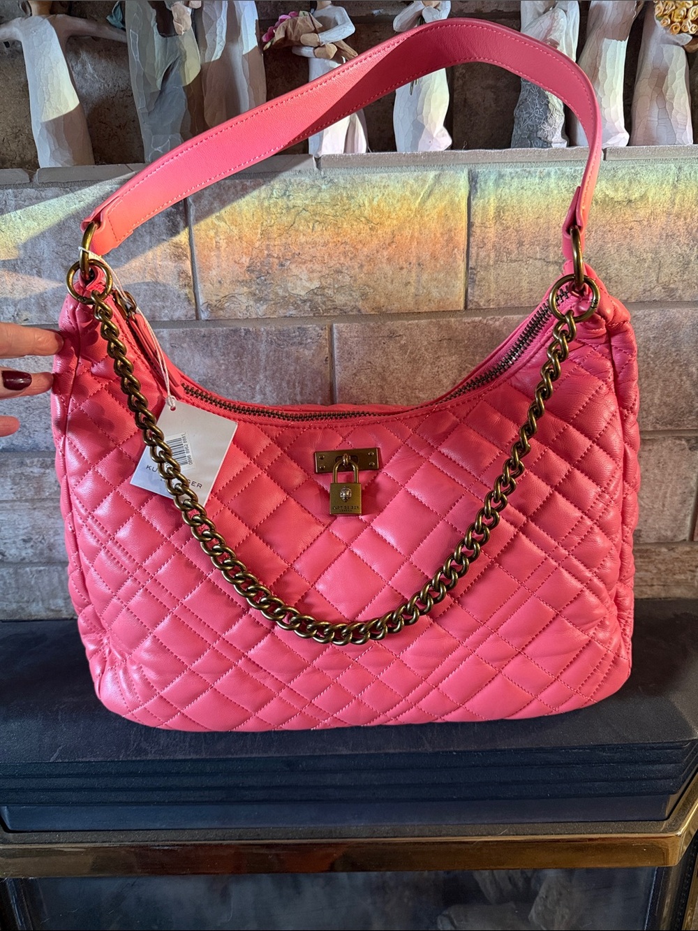 Kurt Beiger Quilted” Pink Comb” Shoulder Bag with Chain Handle